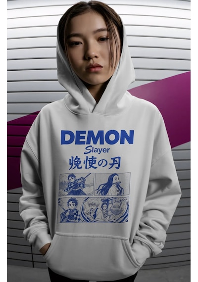 Sevbano Demon Slayer Anime Sırt Baskılı Unisex Oversize Premium Hoodie beyaz