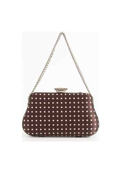 Lebibe Shoes Polkıa Kahverengi Saten Kumaş Puantiye Desenli Zincir Askılı Klips Kapamalı Clutch Çanta