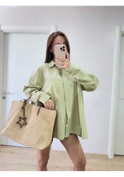 Defymoda Yakalı Yandan Yırtmaçlı Gömlek - Yeşil Yeşil