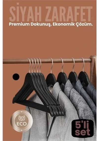 Znv Zenvia Mey İthalat 5'li Lüks Siyah Elbise Ceket Askısı - Ergonomik & Kaymaz Plastik Askı Seti - Ahşap Gör Renkli