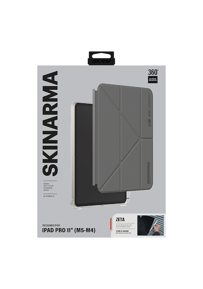 Apple Uyumlu iPad  Pro 11 2025 M5 Kılıf Skinarma Kalemlikli Arkası Şeffaf Standlı Magnetik Zeta Kılıf Gri Kapaklı Kılıf