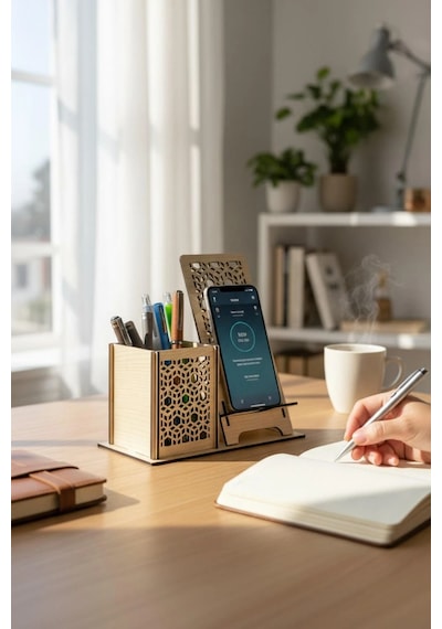 Kalemlik Ve Telefon Standı Geometrik Desenli Doğal Ahşap Açık Meşe Varsayılan