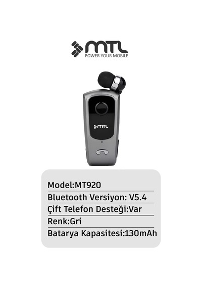 Yaka Klipsli Mono Makaralı Bluetooth Kulaklık Çift Telefon Destekli Mt920