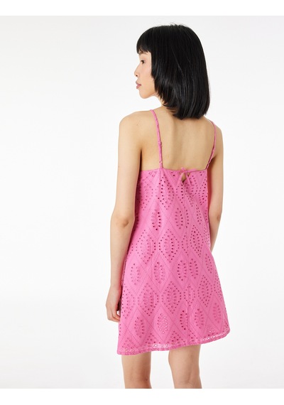 Koton Pamuklu Askılı Halter Yaka Brodeli Mini Elbise Pembe 6sak80021pw Gül