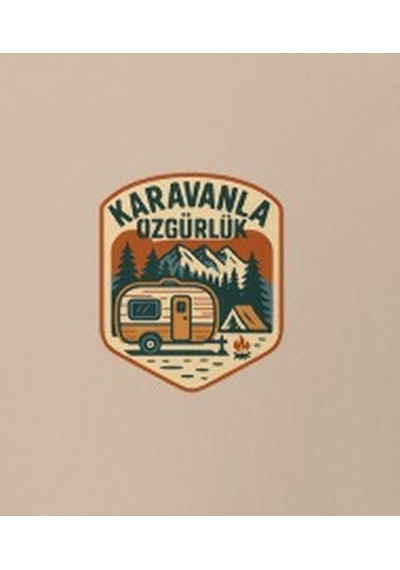 Wildstyle Karavanla Özgürlük Renkli Karavan Kamp Doğa Rozet Baskılı Unisex Bisiklet Yaka Pamuklu Tişört Camel