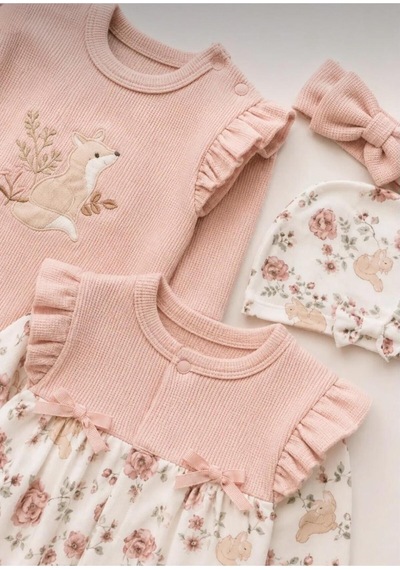Altıntaş Baby %100 Organik Pamuklu Pudra Garden Flowers Kız Bebek 2'li Tulum Takım Seti Garden Pembe Garden Pembe