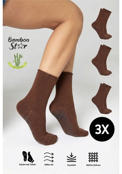 Bamboo Star Bambu Kaydırmaz Taban Silikon Baskı Umre Tavaf Umre Hamile Yoga Kahverengi Lastiksiz Çorap 3'lü
