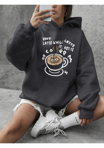 Startmore Startmoresıcak Latte Kedi Baskılı Sweatshirtler Kadınlar İçin Günlük Bol Kapüşonlu Üstler Kışlık Polar Antrasit