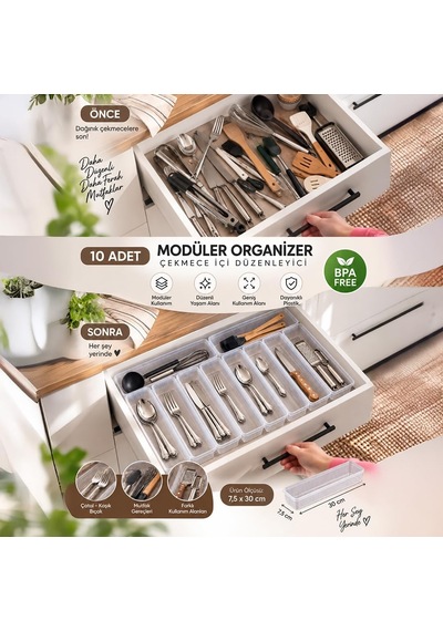 Tr 0382 10'lu Modüler Çekmece İçi Organizer Seti 30x7,5 Cm Şeffaf Mutfak, Kaşıklık, Çatal Bıçak Ve Makyaj Genel