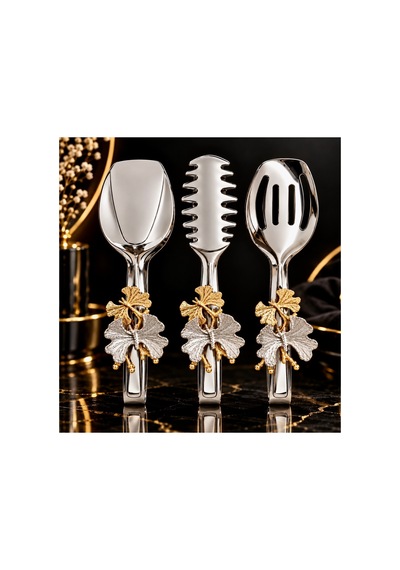 Premium 3 Lü Servis Maşa Seti, Gold Gümüş Detaylı Makarna Salata Pasta Kek Sunum Maşa Seti