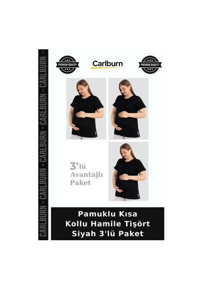 Carlburn Delux Serisi Pamuklu Kısa Kollu Hamile Tişört Siyah 3'lü Paket Kombin Kıyafetleri Anne Adayı Siyah-3