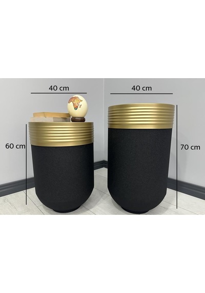 Elegant Dekoratif Eskitme Darbuka Siyah Saksı 70cm + Sehpa 60cm İkili Set