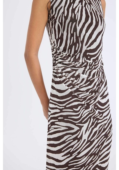 Defacto Bodycon Vücudu Saran Yarım Balıkçı Yaka Zebra Desenli Tül Kolsuz Midi Elbise E2903AX25SP Kahve