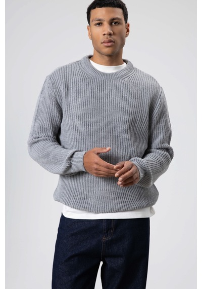 Vamos Bisiklet Yaka Oversize Triko Kazak V60-10 Gri Melanj