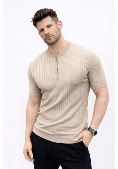 Defymoda Erkek Kısa Kol Fitilli Triko T-shirt Yazlık Hakim Yaka Tişört - Bej