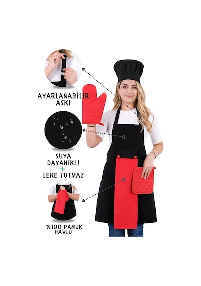 Star Ayar Askılı 5li Mutfak Önlüğü Seti Ayar Askılı Havlulu Önlük, Şapka, Eldiven, Tutacak Siyah-kırmızı-kırmızı