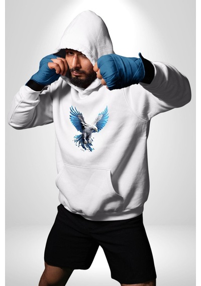 Mavi Beyaz Kartal Kuş Kadın Erkek Beyaz Kapüşonlu Sweatshirt Hoodie Beyaz Mavi Beyaz Kartal Kuş Kadın Erkek Beyaz Kapüşonlu Sweatshirt Hoodie Beyaz
