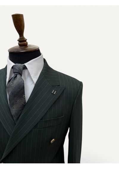 Hermose Sartorial Zümrüt Yeşili Çizgili Kruvaze Takım Elbise Yeşil