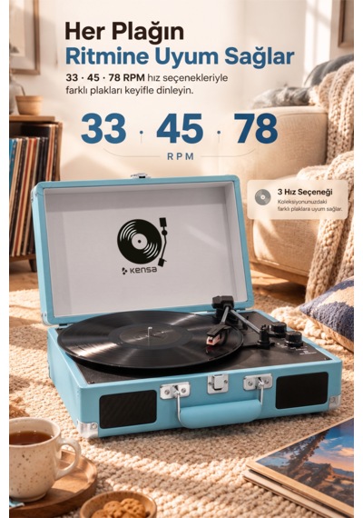 Kensa Bluetooth Lu Nostaljik Çantalı Pikap 33/45/78 Devir Dahili Bataryalı Plak Çalar Mavi