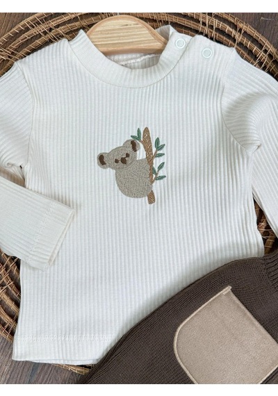 Tiwitibaby Triko Çapraz Askılı Salopet Koala Figürlü Esnek Kaşkorse Badi Bereli Unisex Bebek Takım Kahve