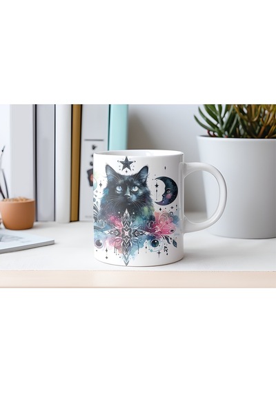 Kozmik Siyah Kedi Kupa Bardak - Spiritüel Kedi Tasarım - Yıldız Ve Hilal Baskılı Sanatsal Hediye Beyaz