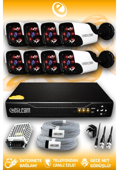 Elitcam 8 Kameralı Panda 8 Dış Kamera Set HDD'siz Full HD Gece Görüşlü Güvenlik Kamerası Sistemi