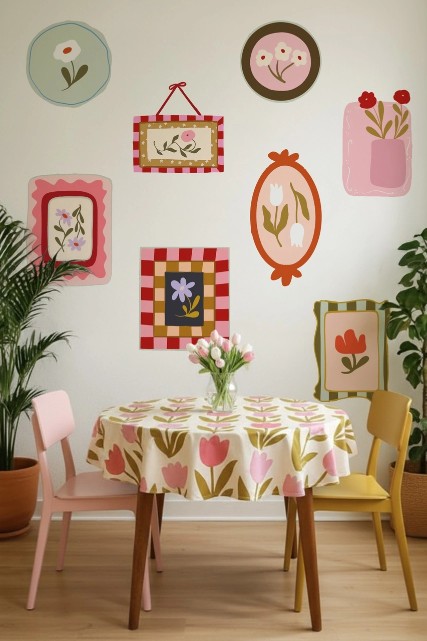 Soft Renkler Pastoral Çerçeve Duvar Sticker Seti 10 Parça Pastel Bahar Temalı Dekoratif Stickerlar Dijital Baskı