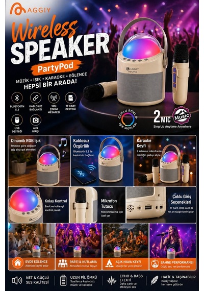 Partypod Bluetooth 5.3 Destekli Çok Fonksiyonlu Kablosuz Hoparlör