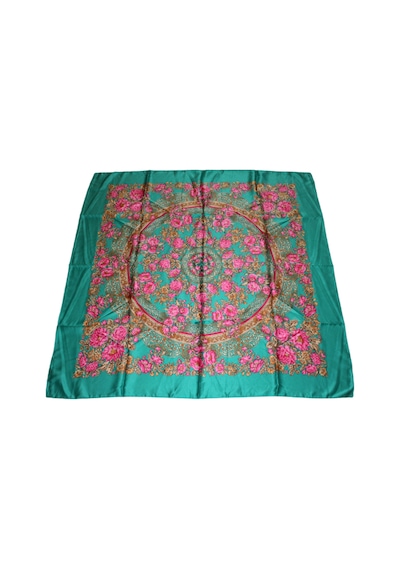 Tikitonki Pembe Çiçek Desenli Kare Kesim Nil Yeşili Eşarp - 90x90 Çok Renkli Çok Renkli