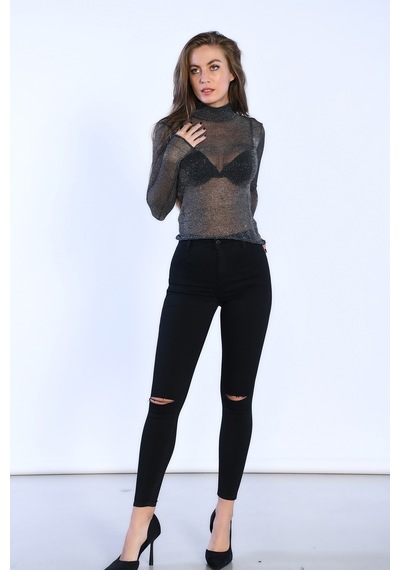 Siyah Yüksek Bel Arkadan Cepli Skinny Jeans-siyah Siyah