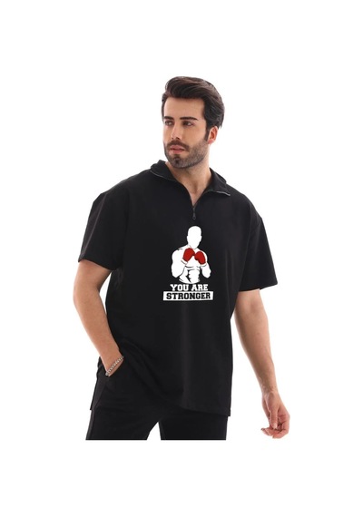 Erkek Yarım Fermuarlı Oversize Baskılı T-shirt - Siyah