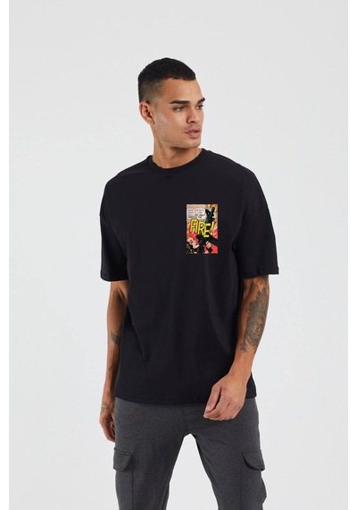 Thewert Unisex Ateş Metni Çizgi Roman Baskılı Siyah Oversize Tshirt