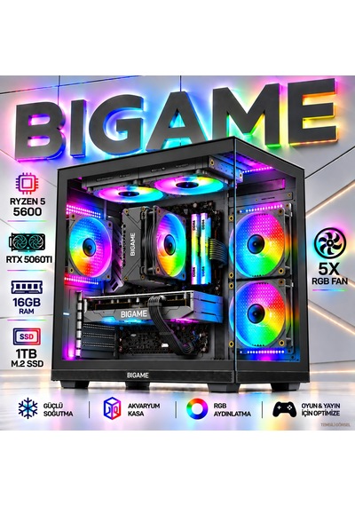 Bigame SCORPION-V7 R5-5600 16 GB 1 TB M2 SSD RTX5060Ti Free Dos Masaüstü Oyuncu Bilgisayarı