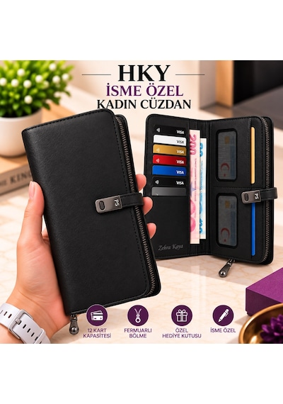 HKY Çok Kullanışlı İsme Özel Kadın Cüzdan Siyah