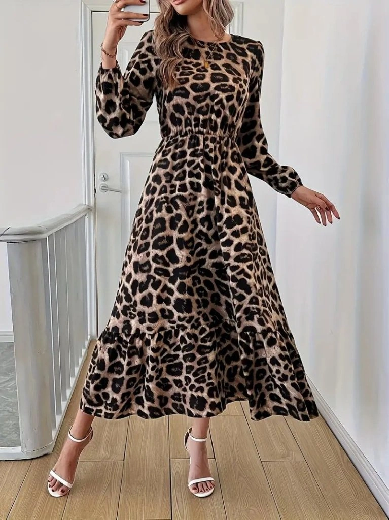 Hazego Uzun Kollu Bisiklet Yaka Leopar Desenli Midi Süprem Elbise Leopar