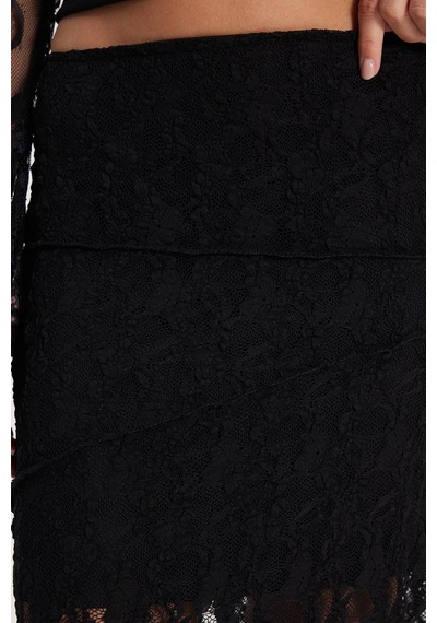 Tudors Kadın Slim Fit Dar Kesim Lastikli Yüksek Bel Dantelli Siyah Etek -50498