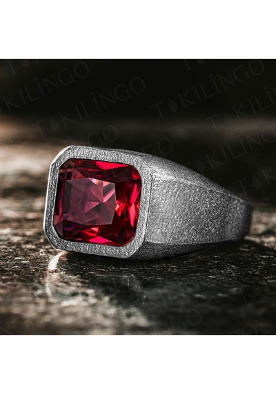 925 Ayar Gümüş Oksitli Kırmızı Ruby Taşlı Erkek Yüzük Gümüş