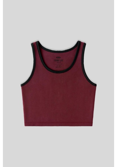 Tommy Life Bordo Basic Sıfır Kol Dar Kalıp U Yaka Kadın Crop Top Atlet - 97162 Bordo