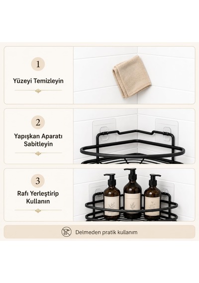 Lexroo Yapışkanlı Siyah Köşe Banyo Rafı, Tekli Köşe Şampuanlık