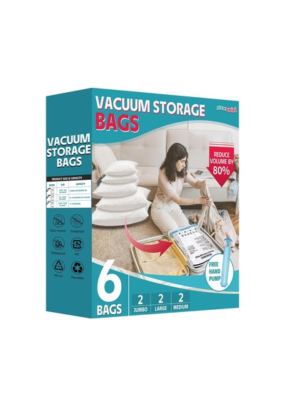 6'li Paket Vakum Saklama Torbaları, Giysiler, Yorganlar, Battaniyeler İçin Vakumlu Mühür Torbaları, El Pompalı Yer