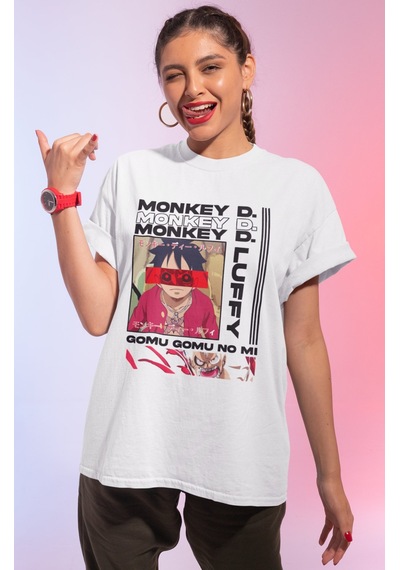 Monkey D. Luffy Tasarım Baskılı Unisex Oversize Anime Dizi Karakt Beyaz