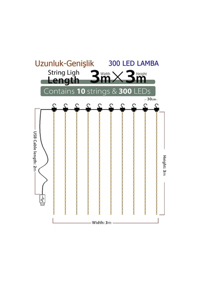 Ers 8 Fonksiyonlu Peri Perde Led Uzaktan Kumandalı Günışığı Perde Peri Led 3 Mt X 3 Mt Çok Renkli