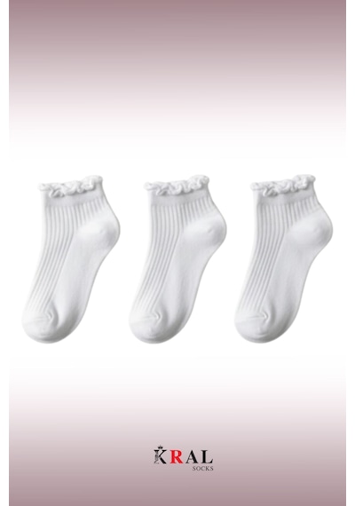 Kral Socks 3 Çift Pamuklu Fırfırlı Kadın Patik Çorap Dikişsiz Burun Beyaz