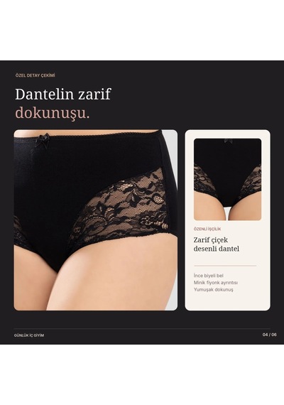 Genel Kadın Pamuklu 3'lü Yüksek Bel Güpürlü Bato Külot Siyah Ten Yanları Dantelli Günlük Ve Rahat İç Çam