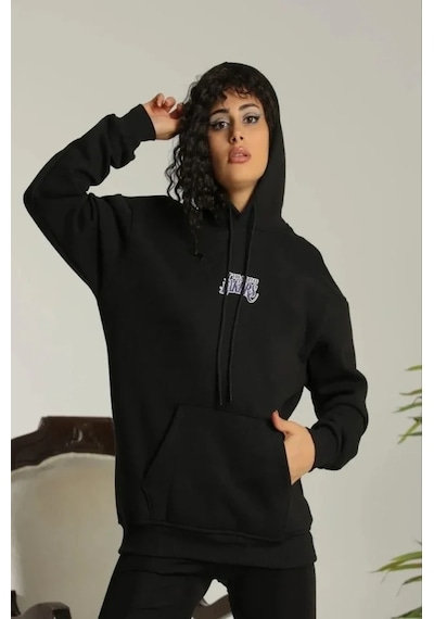 Defymoda Baskılı Oversize Üç İplik Kapüşonlu Sweatshirt - Siyah Siyah
