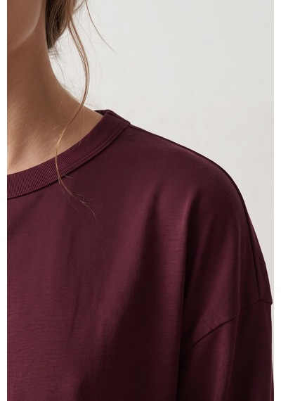 Elemge %100 Pamuk Süprem Oversize Kadın Uzun Kollu T-shirt Compact Penye Tok Yumuşak Kumaş Bol Kesim Nefes Alan Terletmez Yapı Basic Bordo Tişört