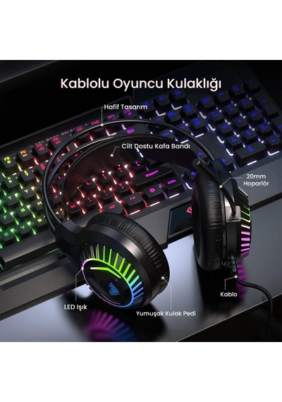 Aula T650 4 İn 1 Gaming Set Rgb Kablolu Membran Klavye 3600 Dpı Mouse Mikrofonlu Oyuncu Kulaklığı Mousepad Lazer