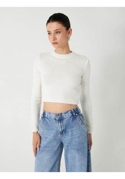 Koton Crop Triko Kazak Hafif Dik Yaka Yumuşak Dokulu Ekru 5wak90187ht Ekru