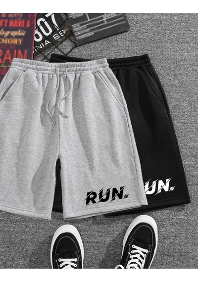 Hırsch Erkek Siyah Gri Run Baskılı İkili Spor Şort Takım Siyah Gri