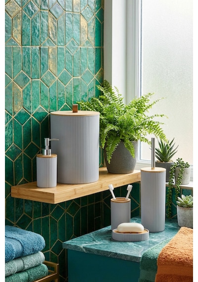 Makri Home 5 Parça Yuvarlak Banyo Seti, Bambu Kapaklı, Gri, Hacim: 7 Litre Gri